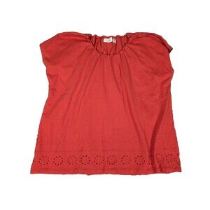 LL Bean Peasant Top Red Size XL Eyelet Round Neck Boho Lightweight Short Sleeve